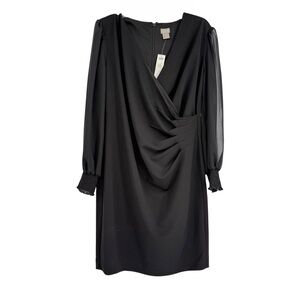 Chicos Faux Wrap Sheer-Sleeve Dress Surplice Black Womens Size 3(XL) NWT